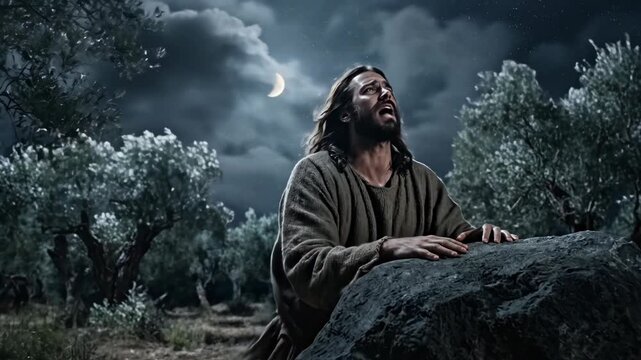 Jesus praying in Gethsemane garden at night. Man in robe kneeling by stone with hands clasped looking at moon. Bible scene of faith, spiritual devotion, religion.