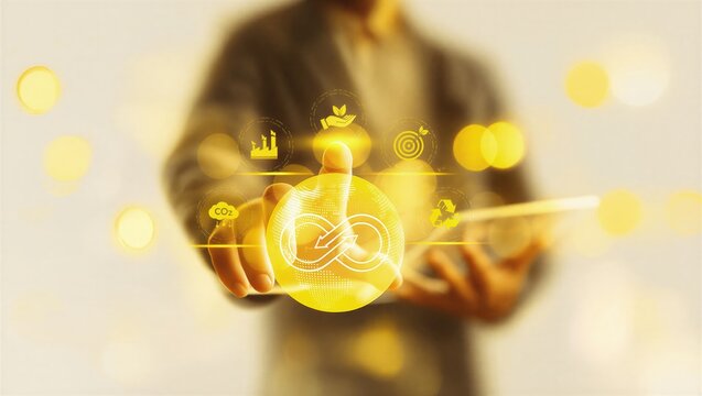 Businessman selecting circular economy icon on virtual screen. Concept of sustainability, eco-friendly business, green innovation, carbon footprint reduction, and environmental responsibility.