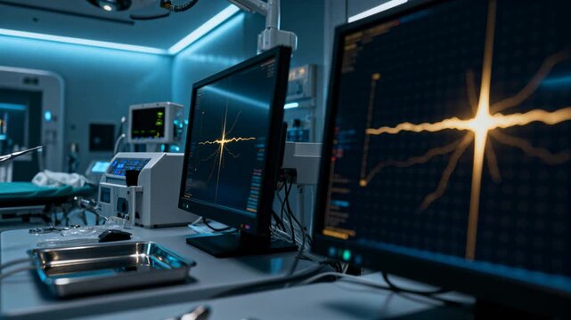 Entering blue-gloved hand grabbing forceps at tray, right display switching to waveform, prepping