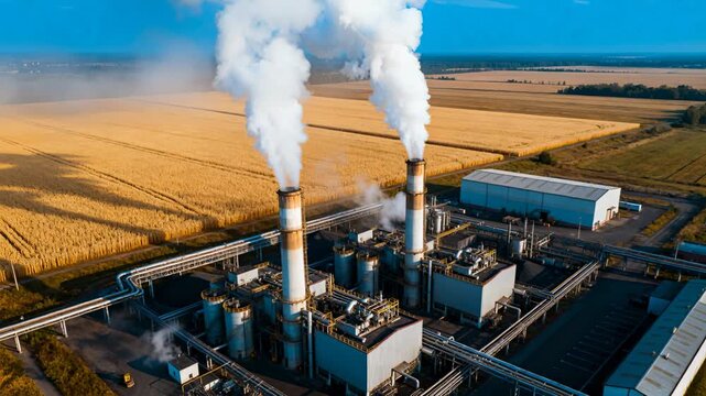 Launching drone filming plant over crop fields to survey vapor in sun, with chimneys, tanks, pipes