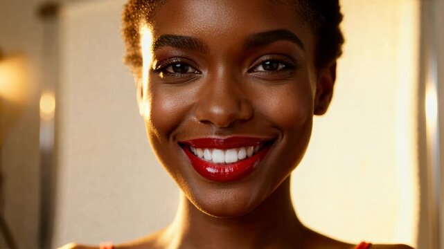 Female model smiling while camera pulling back, revealing glossy red lipstick for beauty commercial