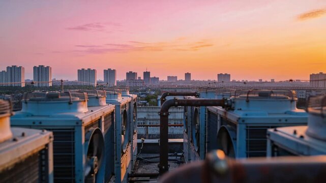Camera pulling back showing rusted pipe, condenser units, fans spinning, sunrise aiding HVAC survey