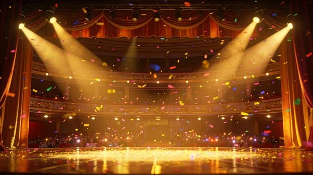 Falling multicolored confetti filling proscenium stage at theater, glinting under amber spotlights