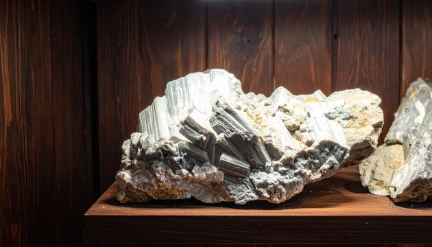 A textured display of rough greyish-white lithium mineral rocks, showcasing distinct cleavage planes and a natural crystalline formation on a polished wooden surface, illuminated by subtle light.