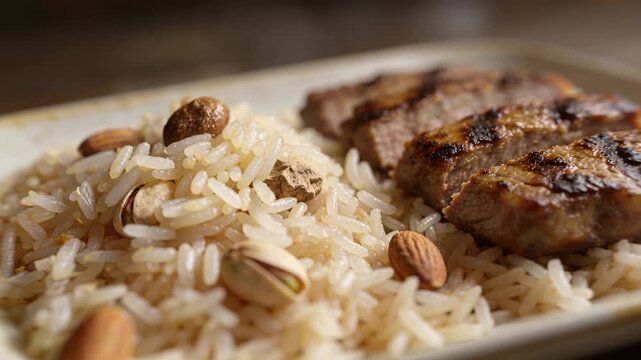 Adding plate receiving rice at kitchen counter with metal spoon pistachios and almonds grilled meat