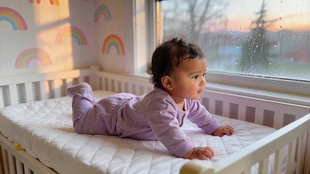 Infant pushing up on forearms, turning head to window, drawn by raindrops and sunset for childcare