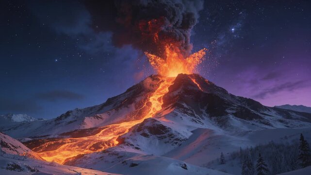 Erupting stratovolcano vent sending lava fountains, plume rising, flowing channel down snowy slopes