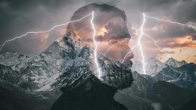 Double exposure profile of a man combined with snow mountain and lightning. Christian spiritual concept representing divine nature and power of biblical creation.