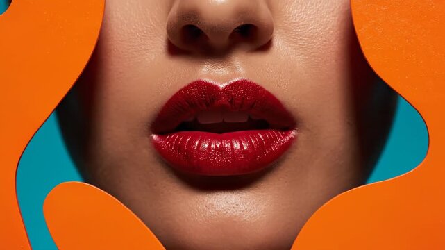 Bold red lips are framed by abstract orange shapes against a teal background in a striking close-up of light, shadow, and color contrast.