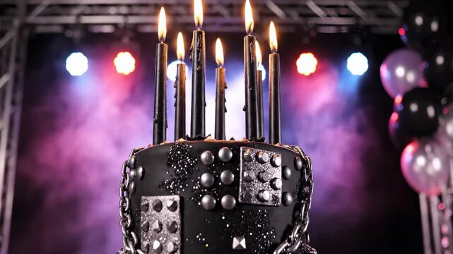 Celebrating with a sleek black cake adorned with silver studs, six glowing candles, on a vibrant stage under colorful lights &ndash; close-up photo