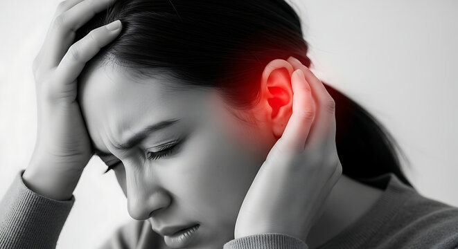 Young Woman Suffering From Ear Pain With Red Highlight On Her Ear