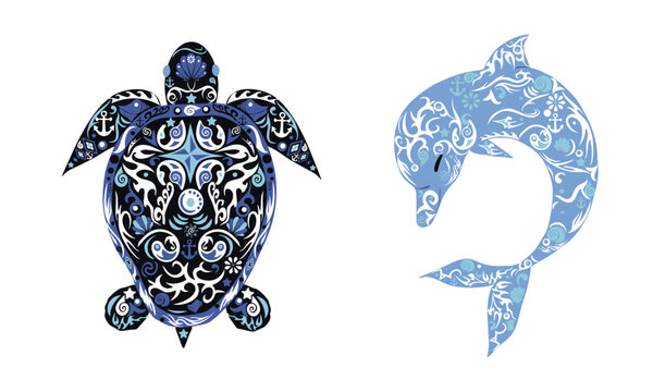 Ornate blue sea turtle and dolphin with intricate mandala floral patterns, a stunning tribal zentangle ocean animal illustration perfect for tattoo, print, and boho designs.