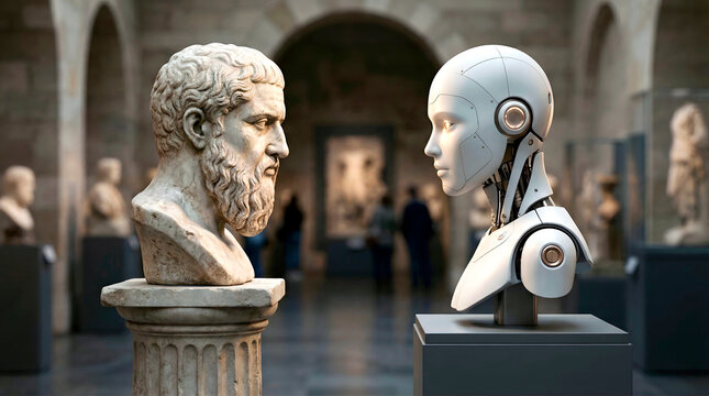  A marble statue of an ancient Greek philosopher faces an AI robot statue in a museum gallery. Surrounded by other sculptures, this scene creates a powerful contrast between past traditions and future