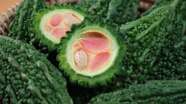 Bitter gourd or bitter melon on wicker basket
