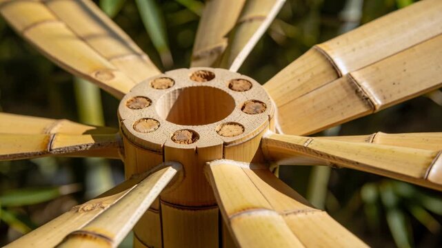 Rotating bamboo wheel shifting in garden, showing central hub with 8 filled holes and spokes