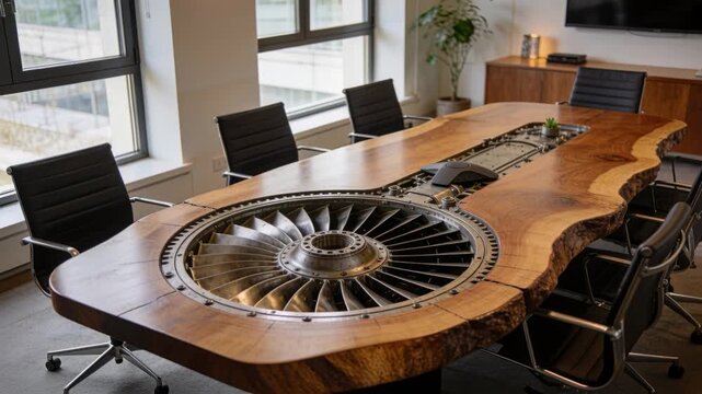 Filming camera zooming to live-edge table highlighting jet turbine in conference room with windows