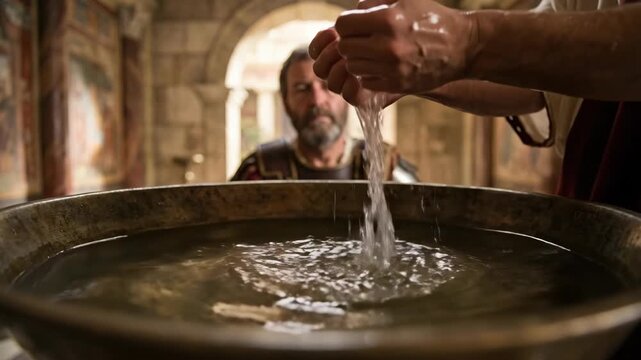 Roman official Pontius Pilate washing his hands in a basin. Historical enactment of the biblical trial of Jesus. Dramatic religious scene from ancient history.