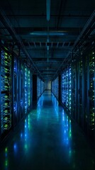 Fototapeta premium Digital Realm: A futuristic server room bathed in cool blue and green light, the image highlights the intricate network and data storage
