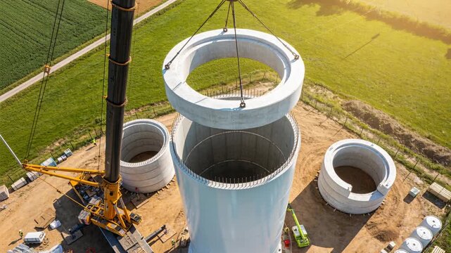 Lowering mobile crane placing precast ring onto tall concrete shaft at work pad with rigging straps