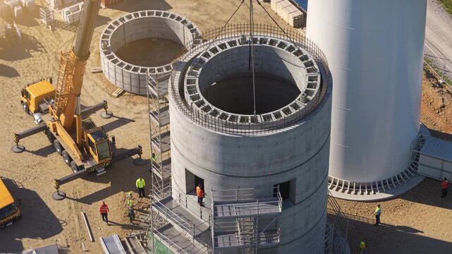 Crane operator and ground crew coordinating lift, lowering precast ring onto shaft for construction