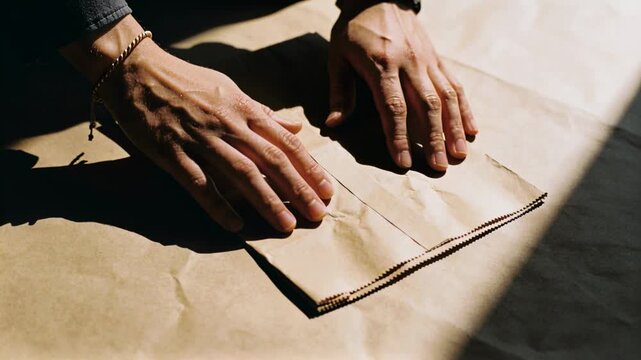 Vertical video: Aligning fingers, sleeved hands with bracelet pinching bag on kraft desk creasing