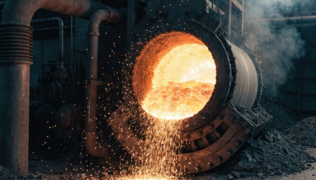 Medium shot of molten zinc dross being processed in a rotating furnace showcasing intense heat and metal recovery in a hightemperature industrial setting.
