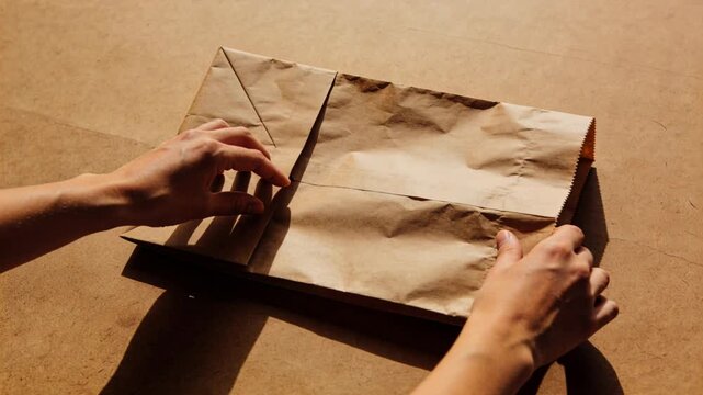 Left hand lifting, bare forearms folding brown paper bag on wooden table, creasing for storage