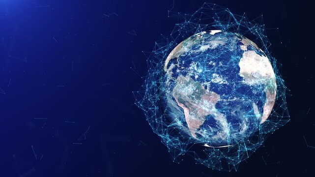 Glowing Blue Earth with Global Digital Plexus Network and Data Waves, Futuristic Technology Planet Background Loop