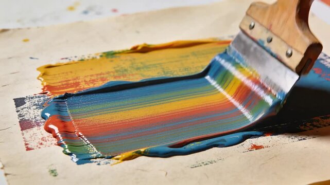Pressing wooden-handled metal blade tool, pulling, smoothing rainbow paint into teal swath on table