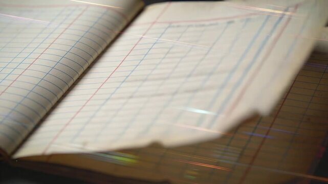 Revealing open ledger with ruled columns resting on dark desk, passing lights casting streaks