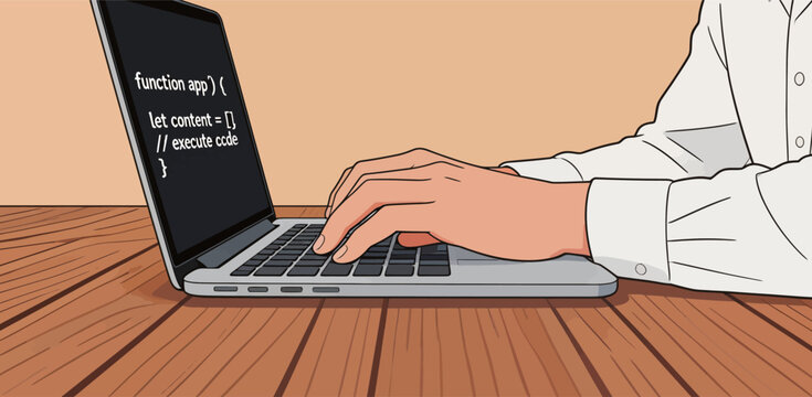 Hands typing code on a laptop while sitting at a wooden table in a workspace during daytime