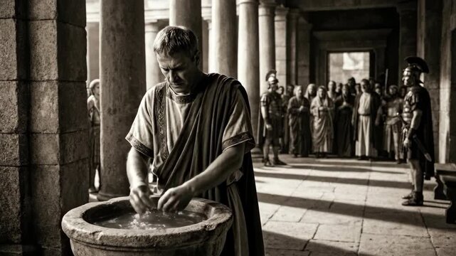 Roman governor washing hand in stone basin to symbolize innocence. Historical biblical scene of Pontius Pilate in ancient architecture. Religious drama concept.