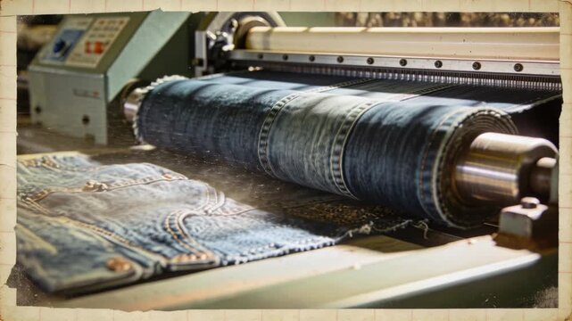 Rotating denim-wrapped roller feeding frayed denim, producing lint at factory line with shaft