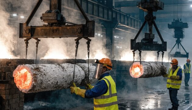 Medium shot of potroom operation with cranes lifting spent anodes while workers manually assist the changeover process in industrial aluminum production.