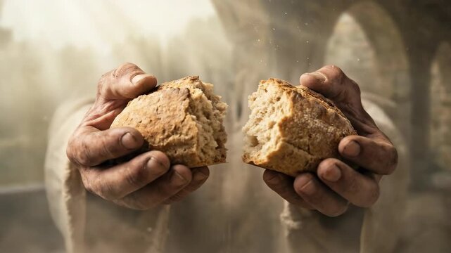 Jesus breaking bread representing eucharist ritual. Man hands splitting loaf of wheat food during communion. Biblical scene of spiritual nourishment and sacrifice.