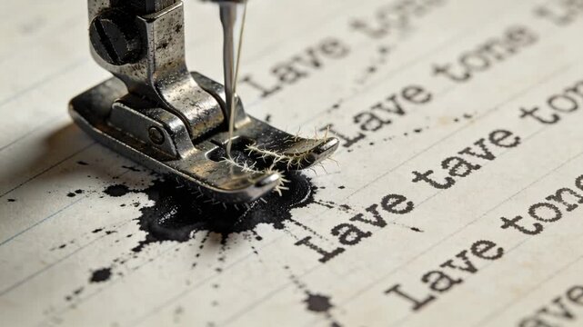 Sewing presser foot hovering, needle descending toward ink blot, motor engaging for craft alignment