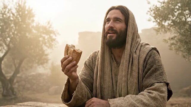 Jesus breaking bread at a wooden table in an olive grove. Man with beard wearing robe eating food. Religious scene symbolizing blessing, prayer and christianity.