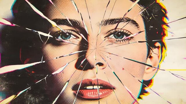 Showing stylized female portrait at studio, featuring radial cracks, halftone red cyan yellow drips
