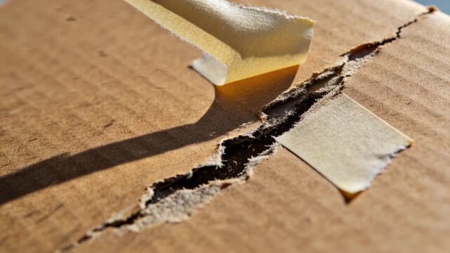 Lifting end, peeling pale crepe tape revealing torn corrugated cardboard close-up exposing fibers