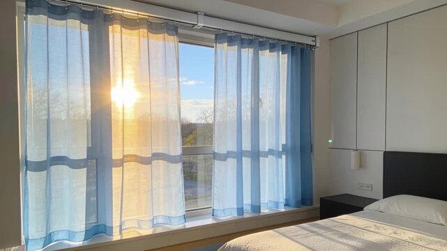 Morning sunlight shifting, blue curtains rippling in bedroom, casting warm glow for interior design