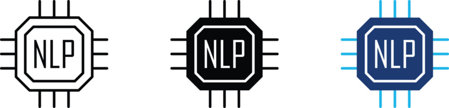 NLP processor icon showing natural language processing and AI artificial intelligence chip. Professional illustration for machine learning algorithms, and linguistic data analysis.