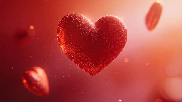 Grainy red heart rotating, camera moving in, lighting inner glow with sparkles for health ads