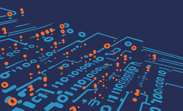 Digital design showing binary code and circuit patterns in blue and orange colors
