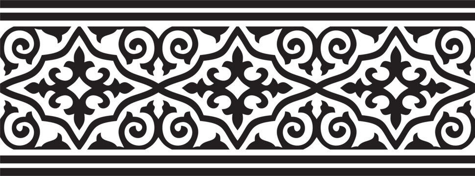 Kazakh national endless black monochrome ornament. Ethnic pattern. Border reflecting nomadic culture. Suitable for design and textiles.