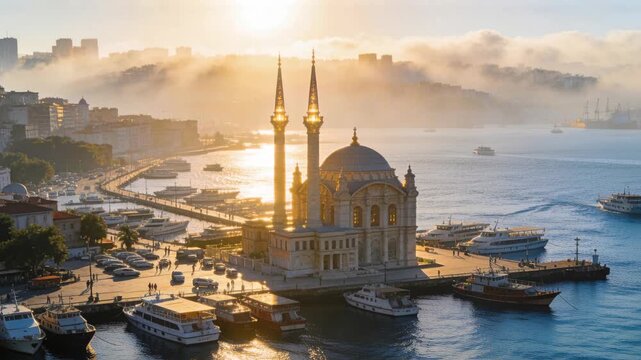 Drone capturing harbor sunrise sun rising causing mist thinning ferry passing mosque for tourism