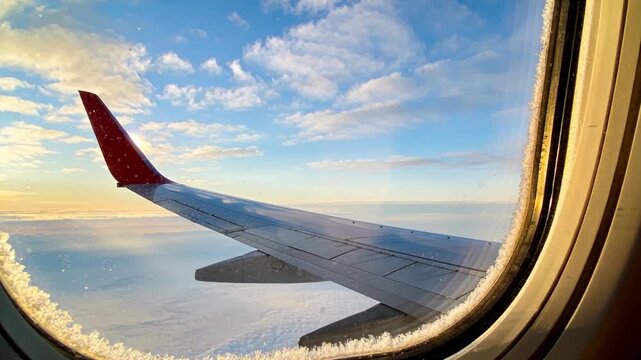 Recording cabin camera documenting airplane wing with sunrise lighting clouds, frost on window rim