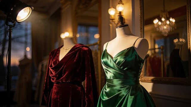 Viewpoint shifting, camera focusing on green satin gown in boutique, with burgundy dress and lamp