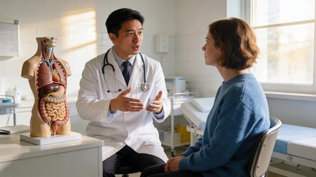 Male physician gesturing at torso, showing organs to patient in clinic, pointing liver intestines