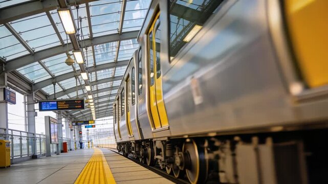 Leaving metro train passing platform canopy, driver in blue shirt starting controls, continuing run