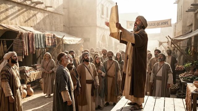 Man as Jesus reading a scroll to a crowd in an ancient village street. Religious gathering of people in historical clothing. Biblical message of hope concept.